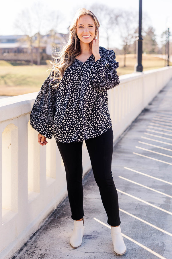 Chic Soul plus size clothing, black top with white spotted color block pattern and balloon sleeves