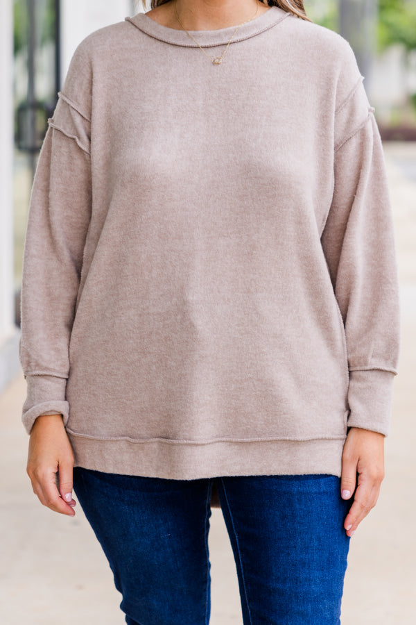 Chic Soul plus size clothing, long-sleeve ash mocha sweater with distressed stitching with scoop-neckline