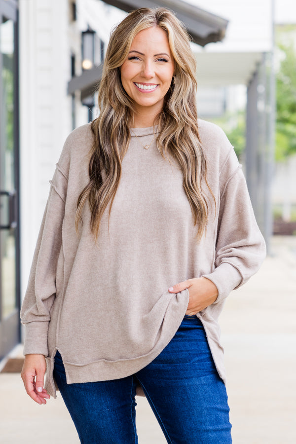 Chic Soul plus size clothing, long-sleeve ash mocha sweater with distressed stitching with scoop-neckline