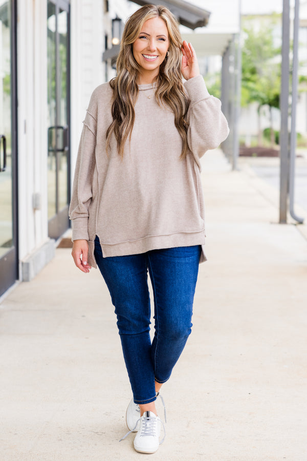 Chic Soul plus size clothing, long-sleeve ash mocha sweater with distressed stitching with scoop-neckline
