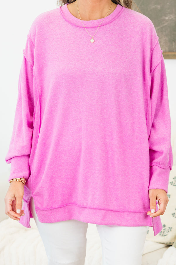 Chic Soul plus size clothing, long-sleeve bright mauve pink sweater with a scoop-neckline
