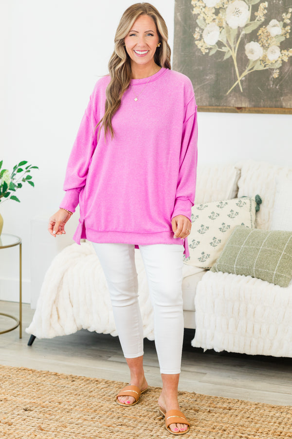 Chic Soul plus size clothing, long-sleeve bright mauve pink sweater with a scoop-neckline