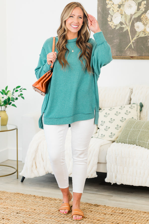 Chic Soul plus size clothing, dusty teal long sleeve soft sweater with outer stitching detail with round neckline