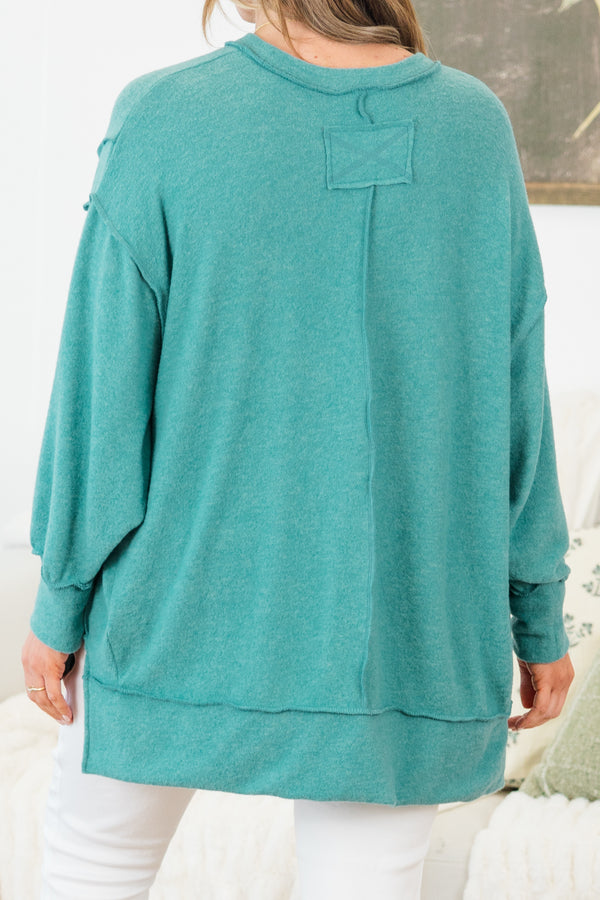 Chic Soul plus size clothing, dusty teal long sleeve soft sweater with outer stitching detail with round neckline