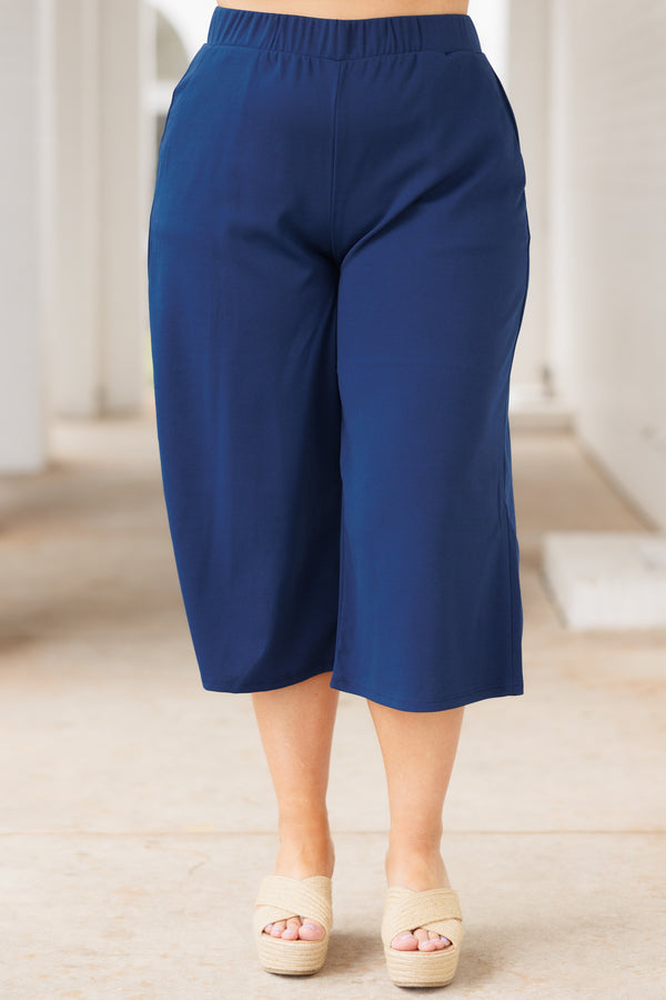 Chic Soul plus size clothing, navy flowy capris with an elastic waistband