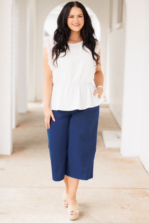 Chic Soul plus size clothing, navy flowy capris with an elastic waistband