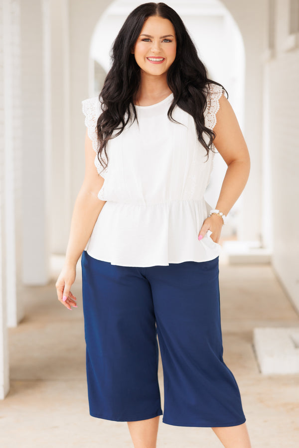 Chic Soul plus size clothing, navy flowy capris with an elastic waistband