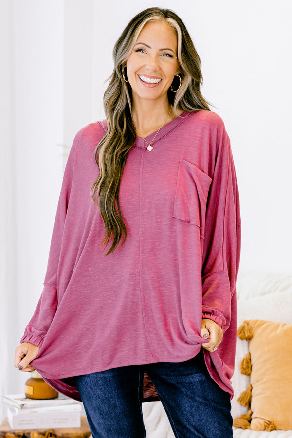 Chic Soul plus size clothing, rose colored long sleeve casual top with a pocket on the left side of the shirt
