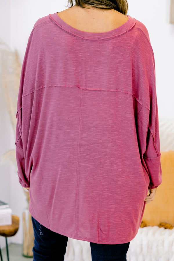 Chic Soul plus size clothing, rose colored long sleeve casual top with a pocket on the left side of the shirt