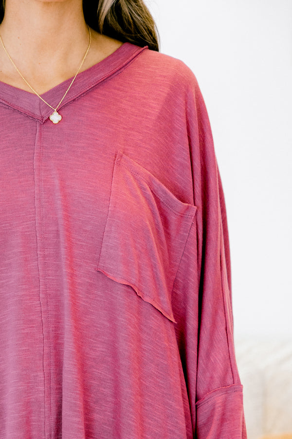 Chic Soul plus size clothing, rose colored long sleeve casual top with a pocket on the left side of the shirt