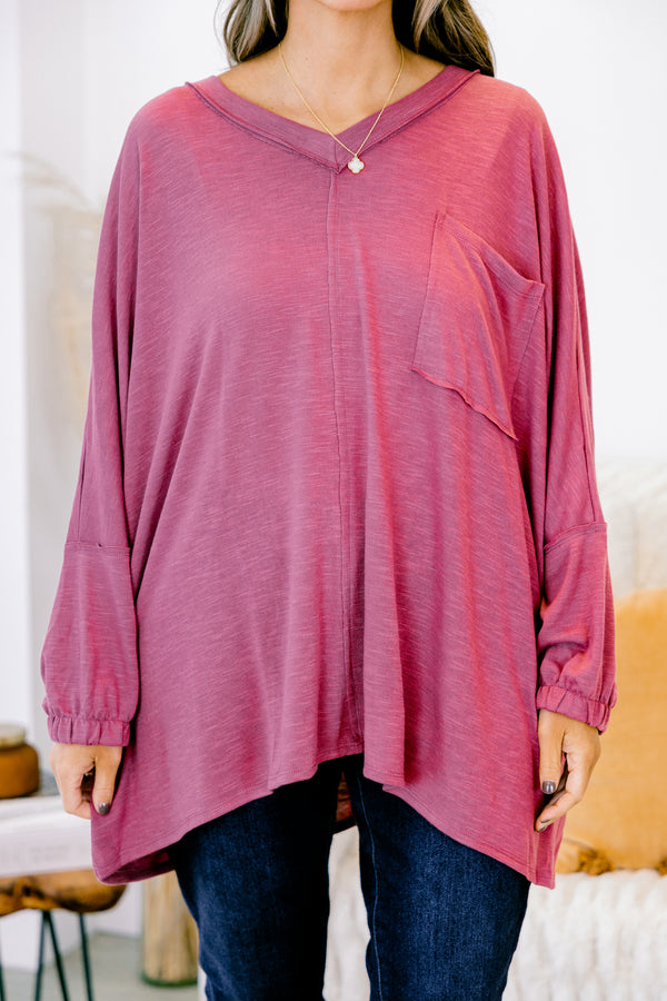 Chic Soul plus size clothing, rose colored long sleeve casual top with a pocket on the left side of the shirt