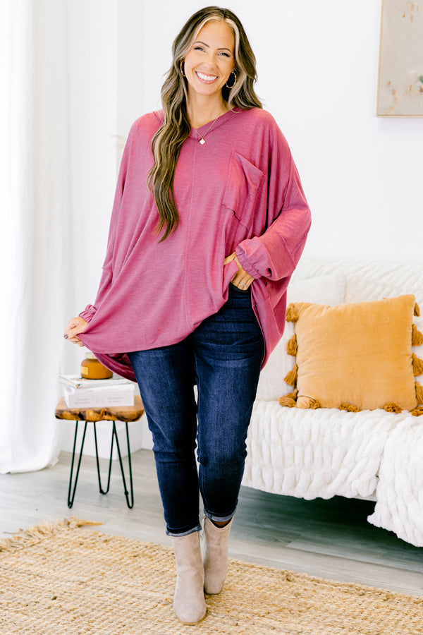 Chic Soul plus size clothing, rose colored long sleeve casual top with a pocket on the left side of the shirt