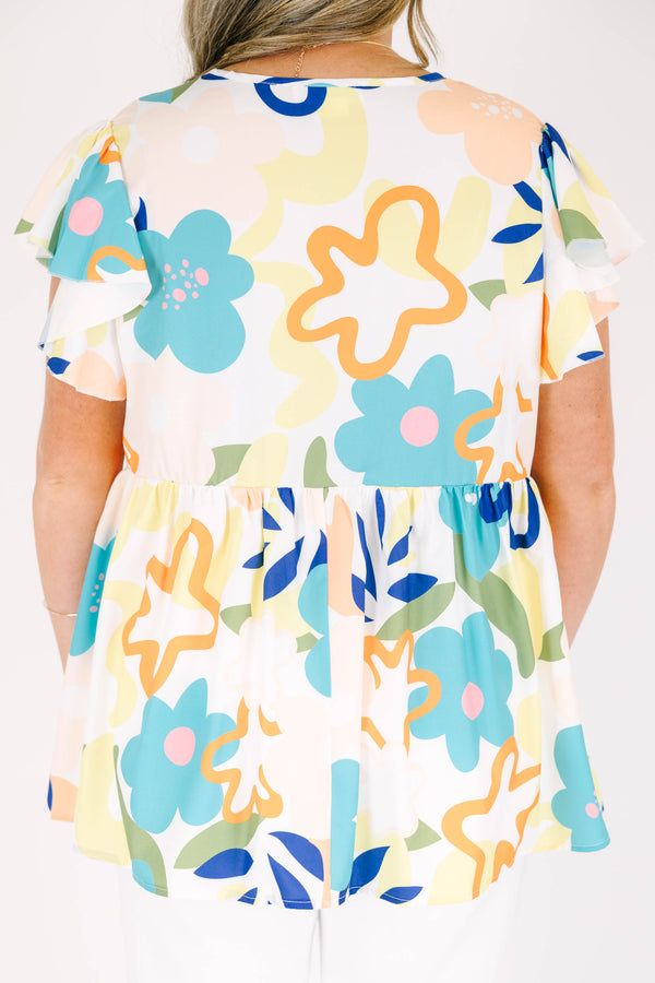 Chic Soul plus size clothing, multicolor floral pattern babydoll style top with flutter sleeves