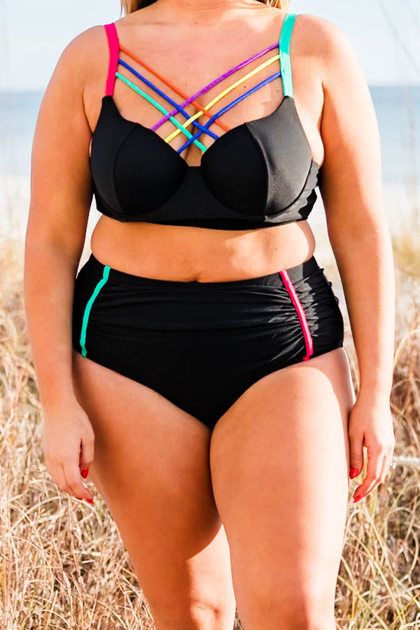 Chic Soul plus size clothing, black swim top with multi colored cross straps across chest