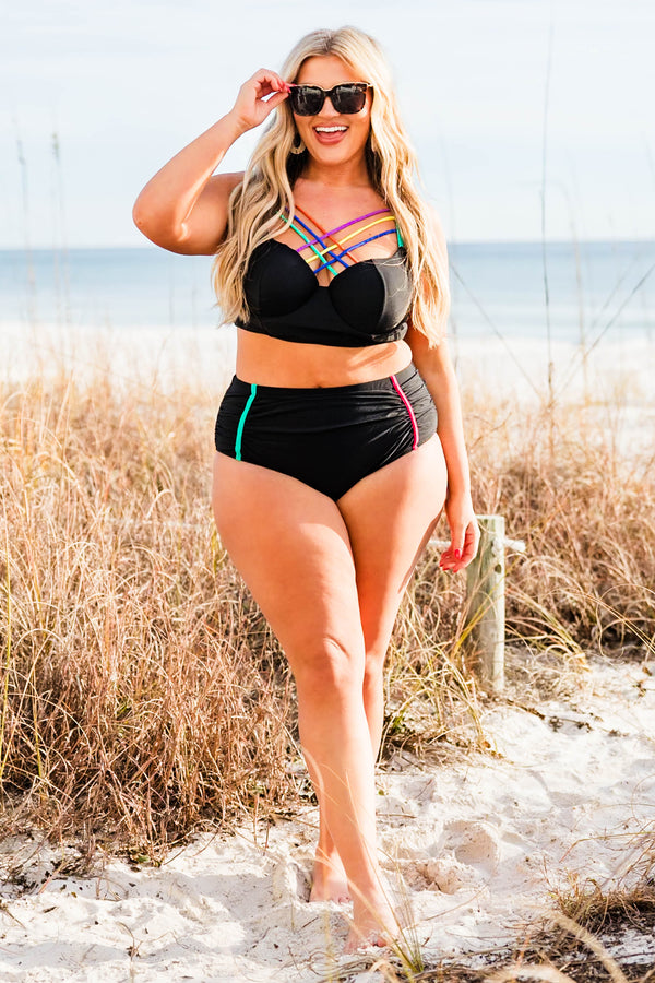 Chic Soul plus size clothing, black swim top with multi colored cross straps across chest