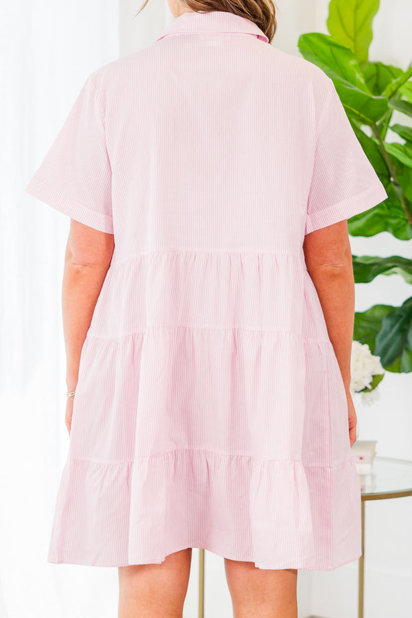 Chic Soul plus size clothing, pink pin stripe tiered mini dress with short sleeves and collar with button up detail stripe