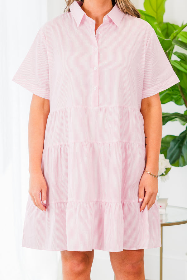 Chic Soul plus size clothing, pink pin stripe tiered mini dress with short sleeves and collar with button up detail stripe