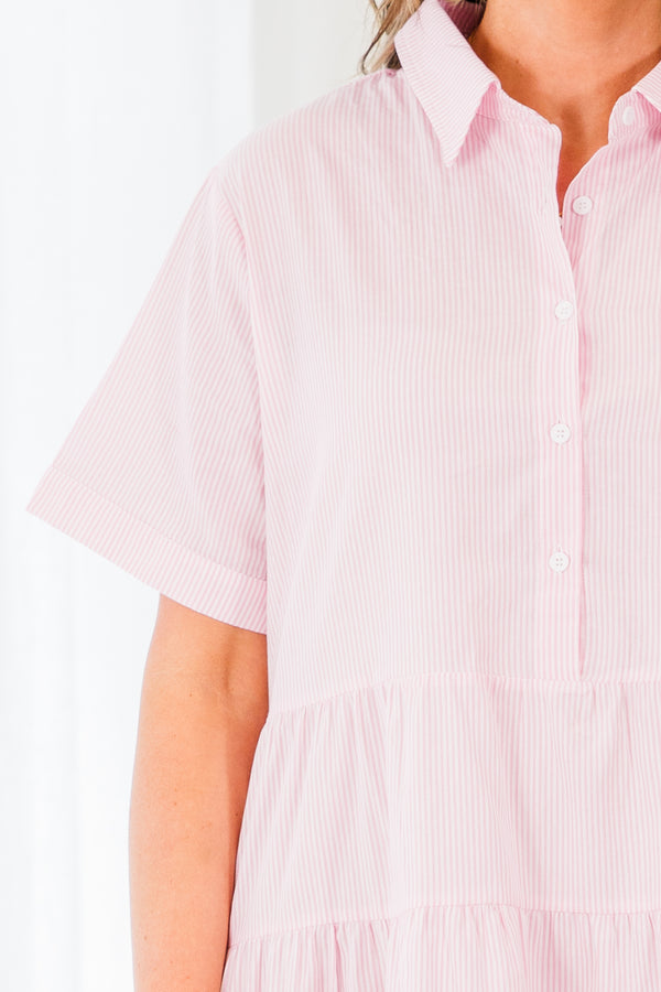Chic Soul plus size clothing, pink pin stripe tiered mini dress with short sleeves and collar with button up detail stripe