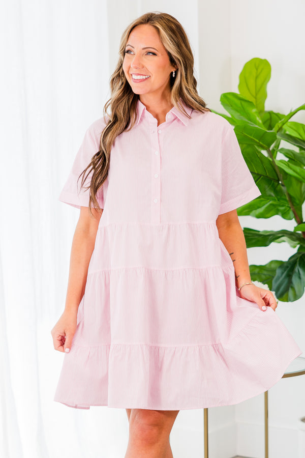 Chic Soul plus size clothing, pink pin stripe tiered mini dress with short sleeves and collar with button up detail stripe 