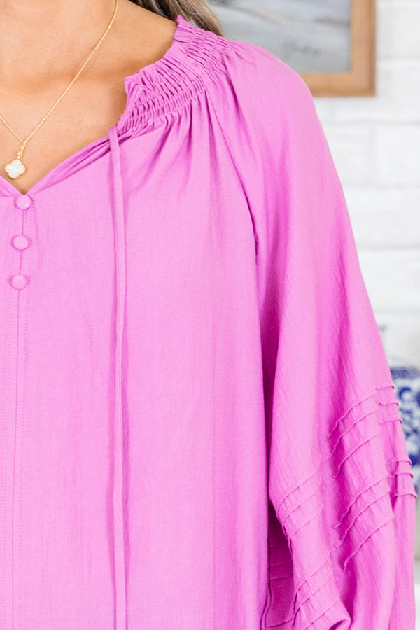 Chic Soul plus size clothing, quarter-sleeve lavender purple blouse with a smocked ruffled neckline and tassels with three subtle buttons at the top