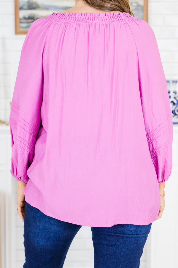 Chic Soul plus size clothing, quarter-sleeve lavender purple blouse with a smocked ruffled neckline and tassels with three subtle buttons at the top