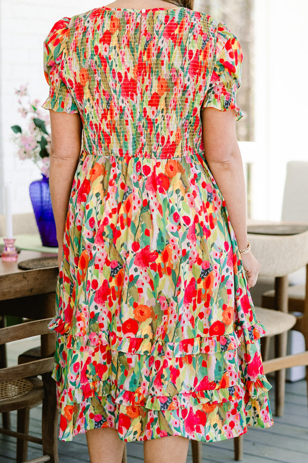 chic soul plus size clothing, Orange maxi dress with muli-color floral pattern and ruffle accents towards the bottom of the dress, half sleeves 