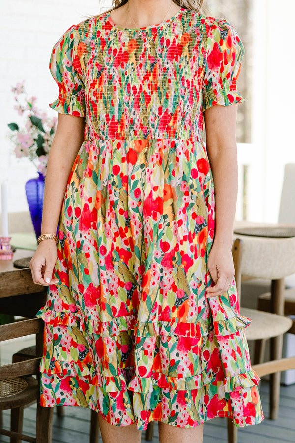 chic soul plus size clothing, Orange maxi dress with muli-color floral pattern and ruffle accents towards the bottom of the dress, half sleeves 
