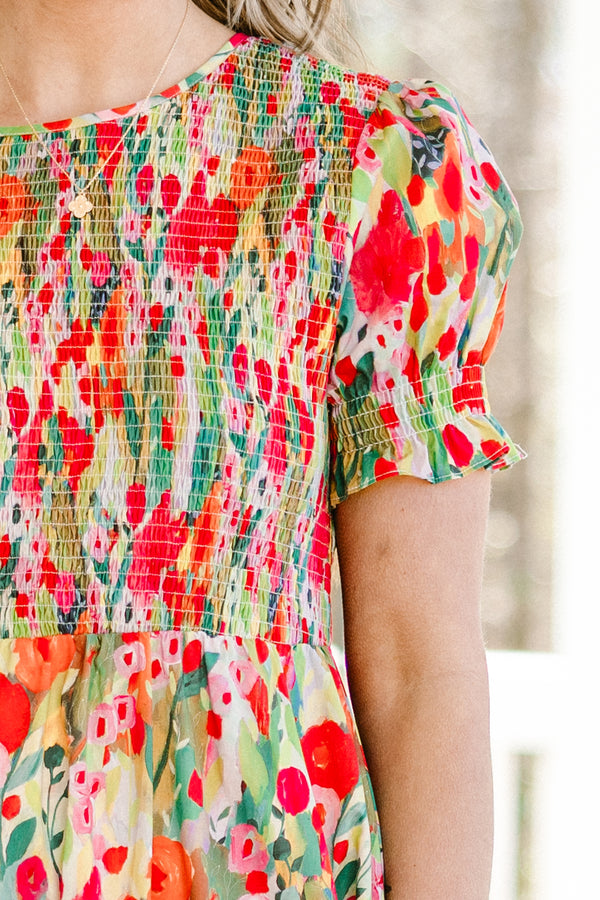 chic soul plus size clothing, Orange maxi dress with muli-color floral pattern and ruffle accents towards the bottom of the dress, half sleeves 