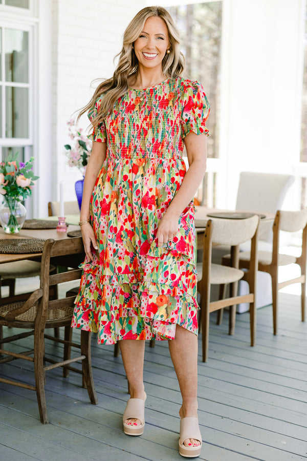 chic soul plus size clothing, Orange maxi dress with muli-color floral pattern and ruffle accents towards the bottom of the dress, half sleeves 