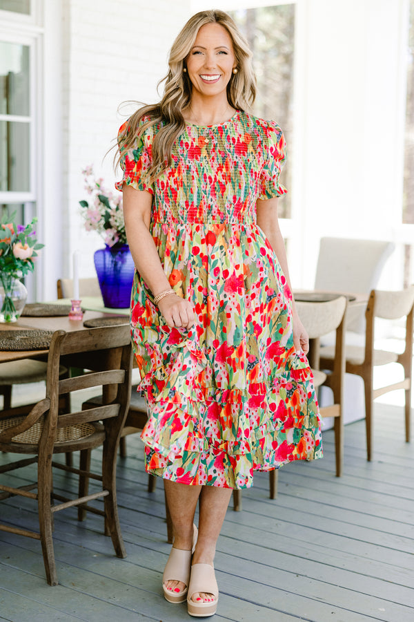 chic soul plus size clothing, Orange maxi dress with muli-color floral pattern and ruffle accents towards the bottom of the dress, half sleeves 