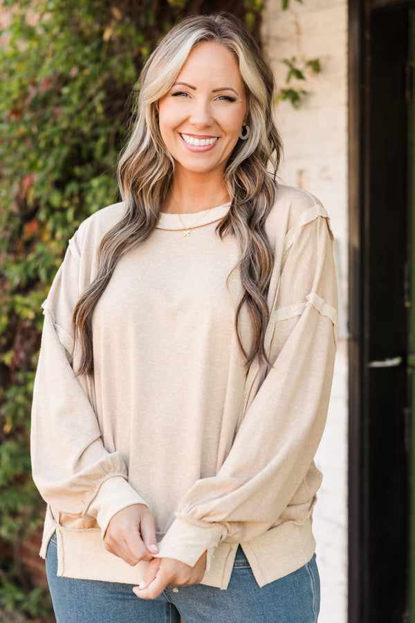 Chic Soul plus size clothing, long-sleeve scoop-neckline ash mocha sweater with distressed inside-out stitching