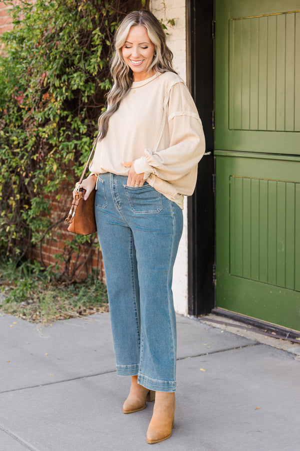 Chic Soul plus size clothing, long-sleeve scoop-neckline ash mocha sweater with distressed inside-out stitching
