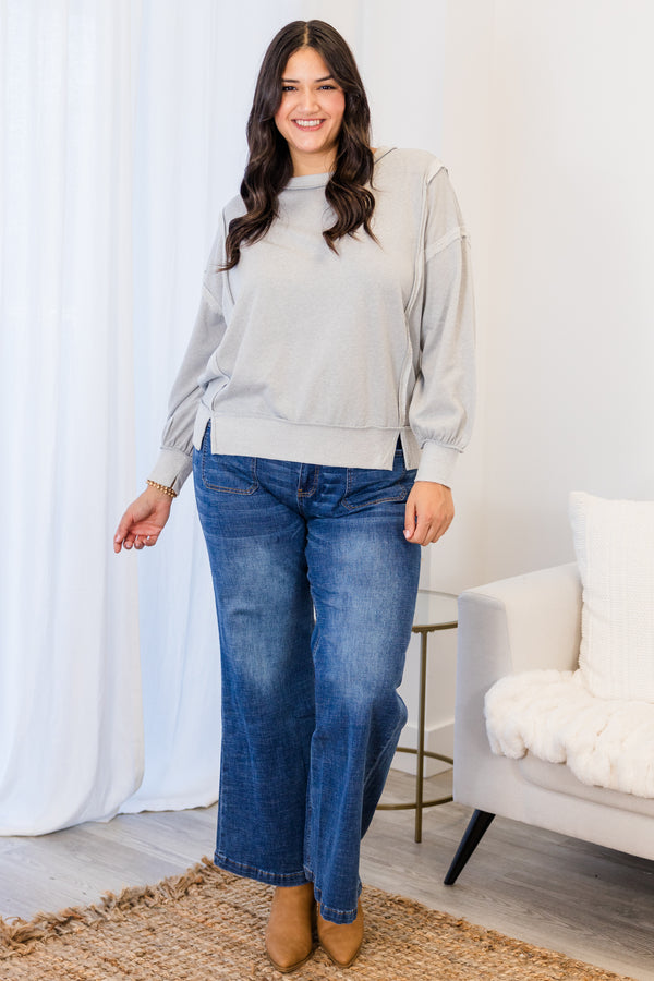 
Chic Soul plus size clothing, light grey long sleeve sweater with two toned outer stitching detail with round neckline and cuff sleeves with band along bottom with slits on each side
