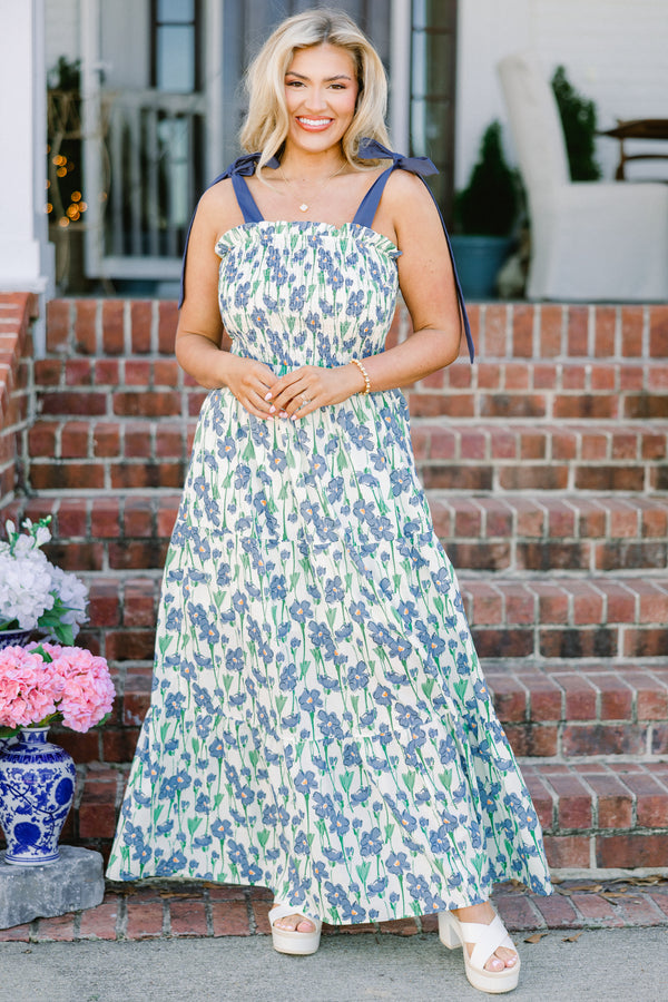 Chic soul Plus size clothing, Blue maxi dress with floral pattern and blue tie bow sleeves