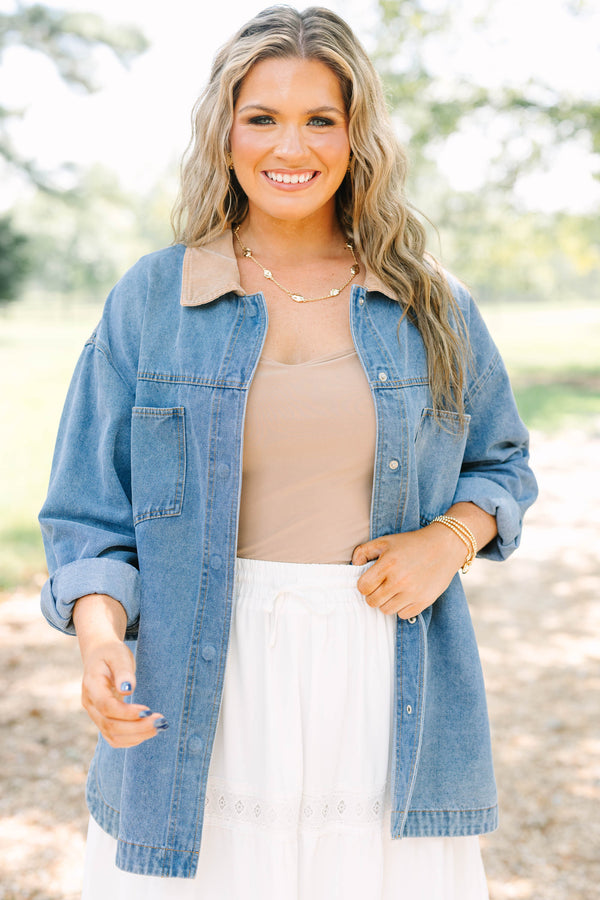 Plus Size denim jacket with a tan corduroy collar, chest pockets, and button-down front.