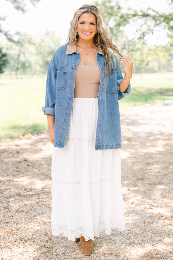Plus Size denim jacket with a tan corduroy collar, chest pockets, and button-down front.
