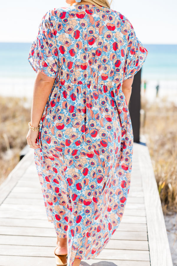 Chic Soul plus size clothing, short-sleeve multi-colored maxi dress with a v-neckline and a smocked waistline with a red and blue abstract spotted pattern