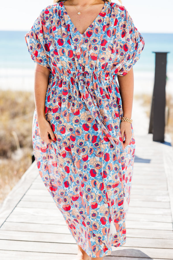 Chic Soul plus size clothing, short-sleeve multi-colored maxi dress with a v-neckline and a smocked waistline with a red and blue abstract spotted pattern