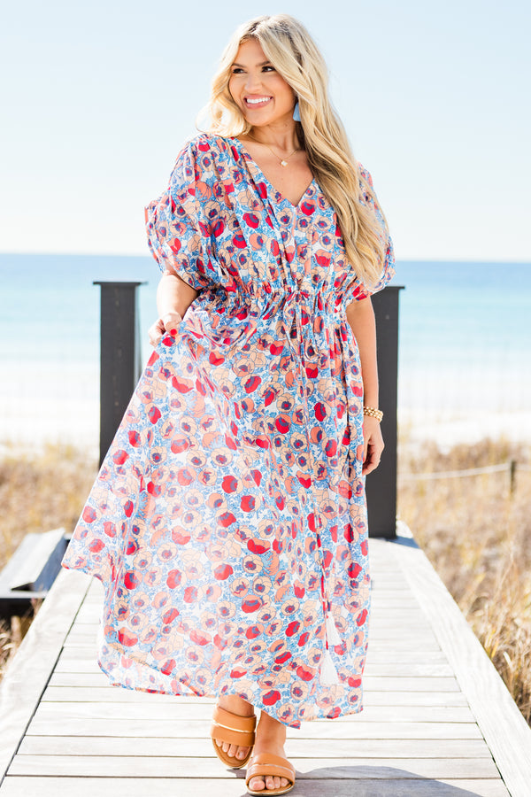 Chic Soul plus size clothing, short-sleeve multi-colored maxi dress with a v-neckline and a smocked waistline with a red and blue abstract spotted pattern