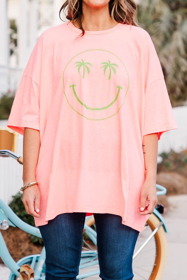 Chic Soul plus size clothing, neon coral pink boyfriend tee with green smiley face with palm trees as both eyes