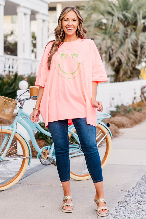 Chic Soul plus size clothing, neon coral pink boyfriend tee with green smiley face with palm trees as both eyes