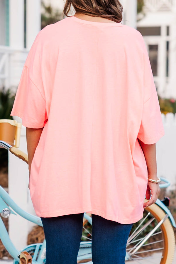 Chic Soul plus size clothing, neon coral pink boyfriend tee with green smiley face with palm trees as both eyes