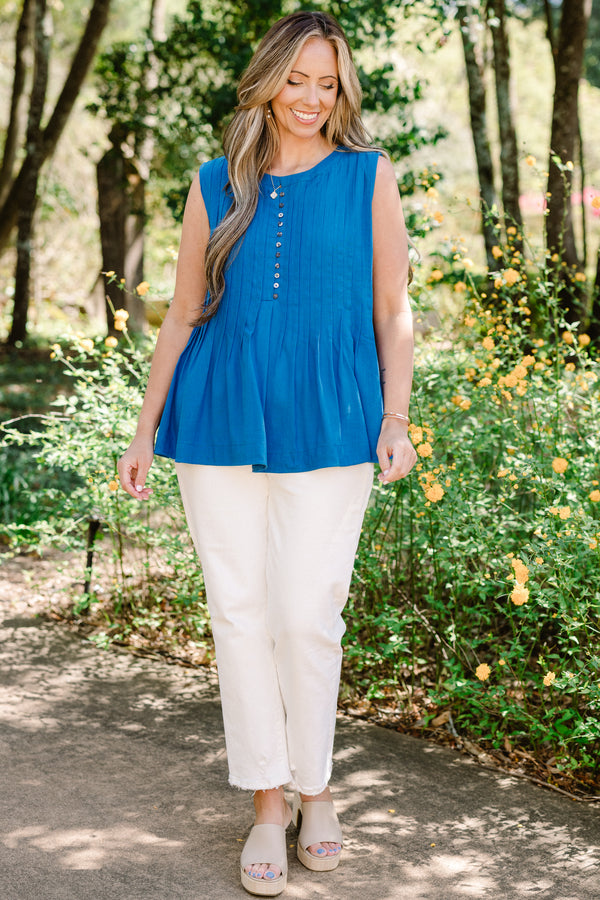Chic Soul plus size clothing, sleeveless royal blue high-scoop-neckline top with a subtle button detailing and a pleated flare detailing towards the bottom
