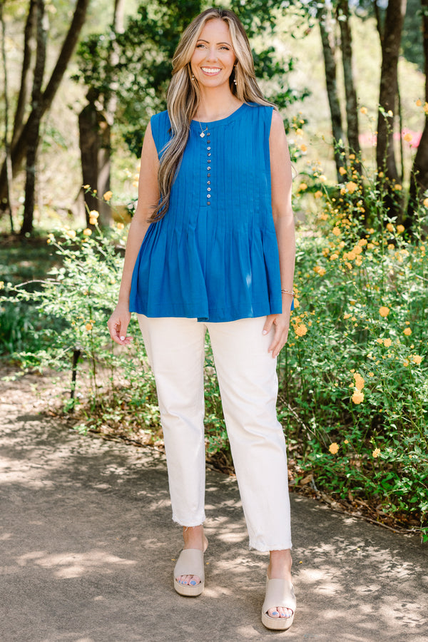 Chic Soul plus size clothing, sleeveless royal blue high-scoop-neckline top with a subtle button detailing and a pleated flare detailing towards the bottom