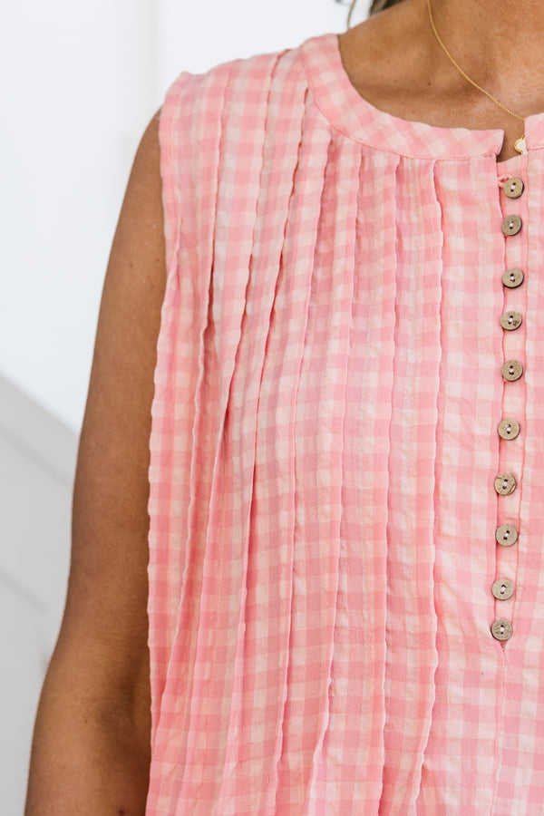 Chic Soul plus size clothing, sleeveless pink gingham tank top with button detailing 