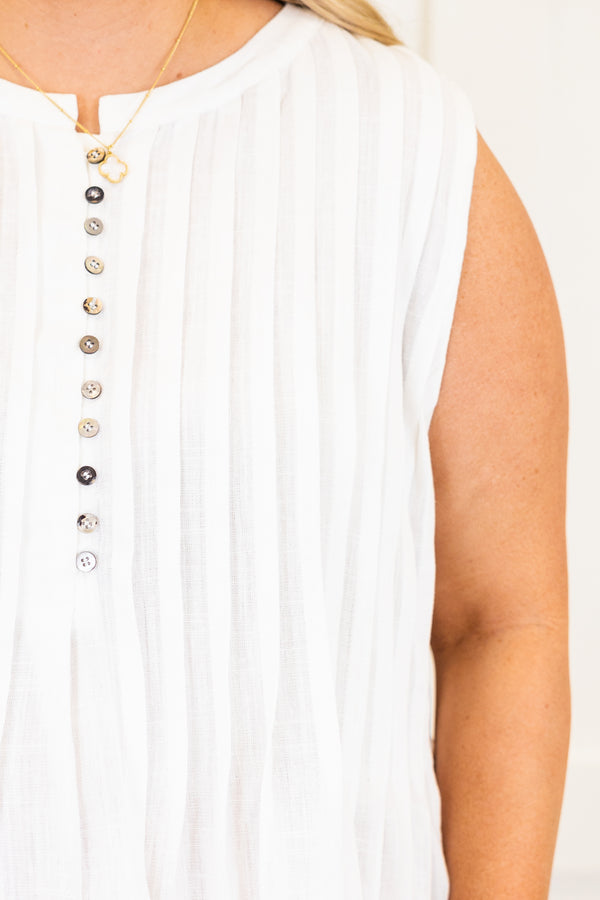 Chic Soul plus size clothing, white sleeveless tank top with button up detail and pleating detail with round neckline