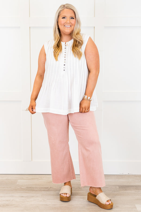 Chic Soul plus size clothing, white sleeveless tank top with button up detail and pleating detail with round neckline