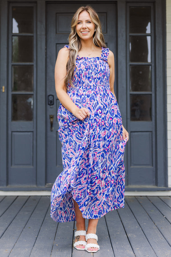 Chic Soul plus size clothing, royal blue abstract print maxi dress with ruffle straps and smocked top