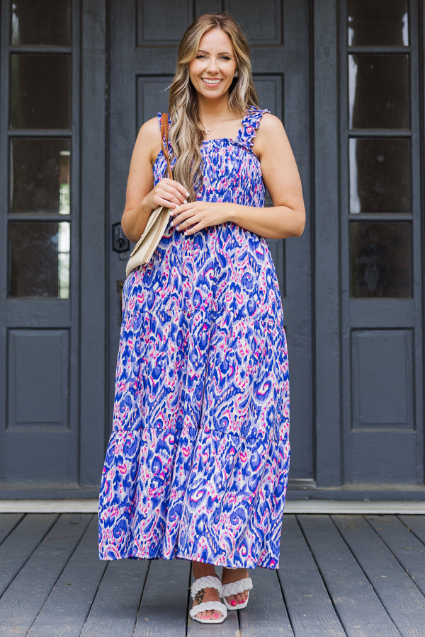 Chic Soul plus size clothing, royal blue abstract print maxi dress with ruffle straps and smocked top