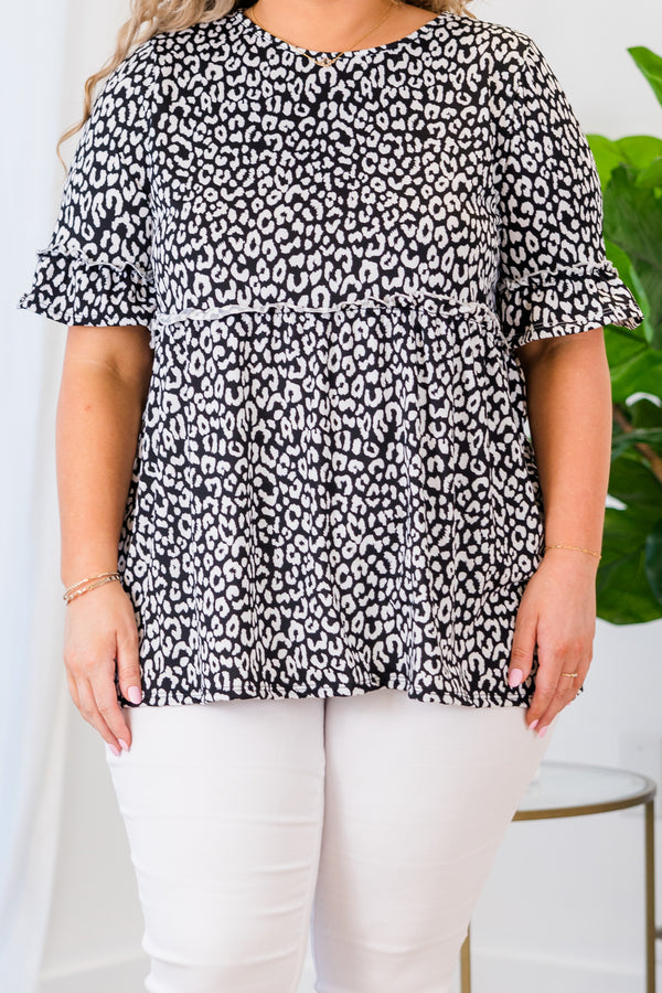 Chic Soul plus size clothing, black leopard short sleeve top with ruffle along sleeves